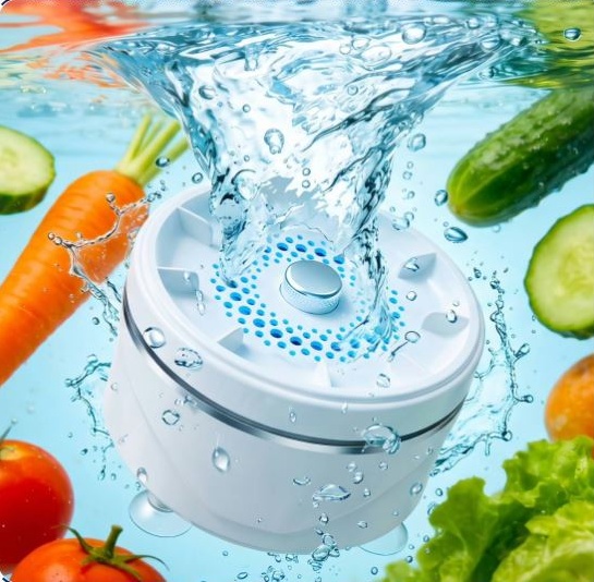 PuriEasy food cleaning device surrounded by water, cucumbers, carrots and tomatoes
